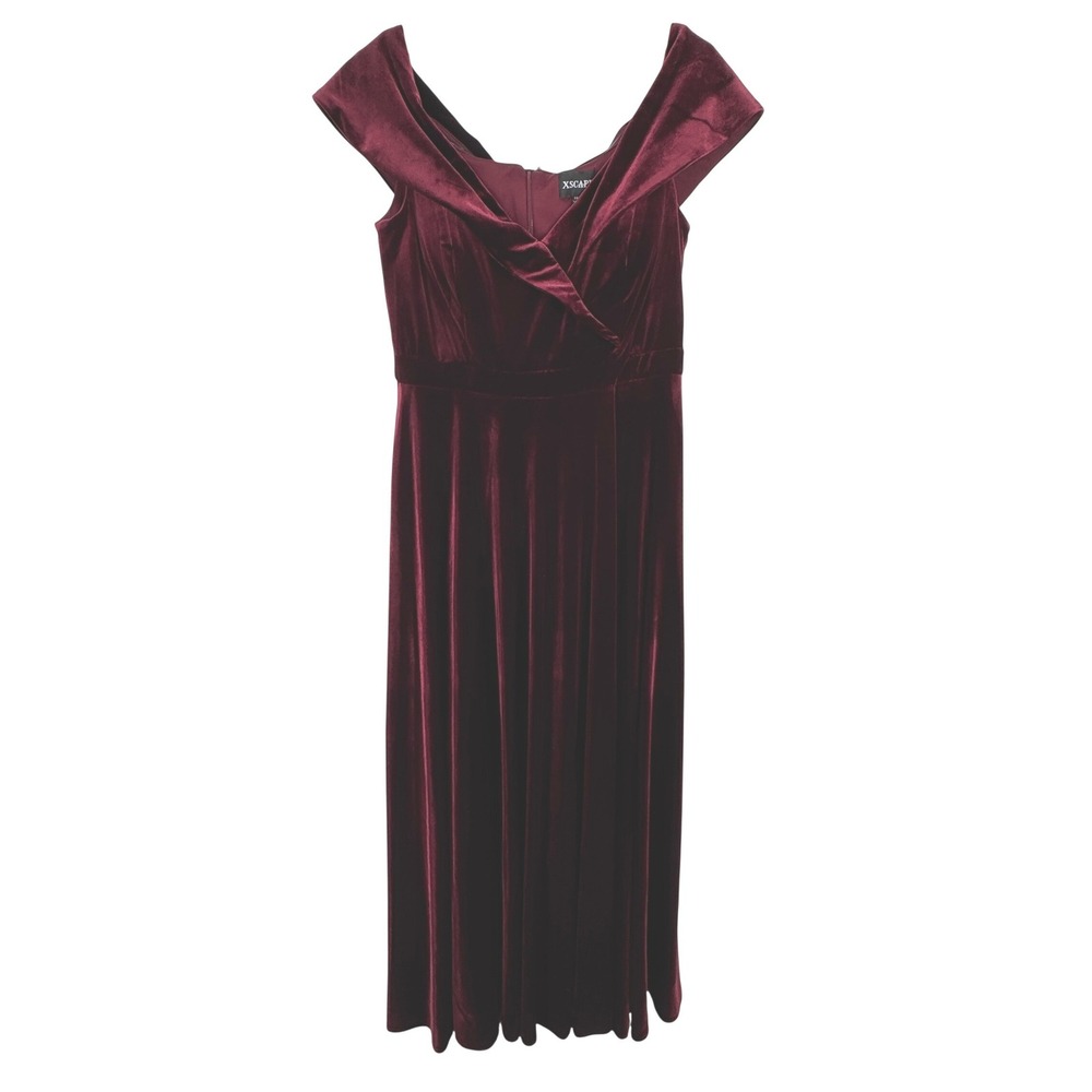 XSCAPE  Vintage Burgundy Velvet Off Shoulder Wrap Maxi Evening Gown Dress‎ 14 P
